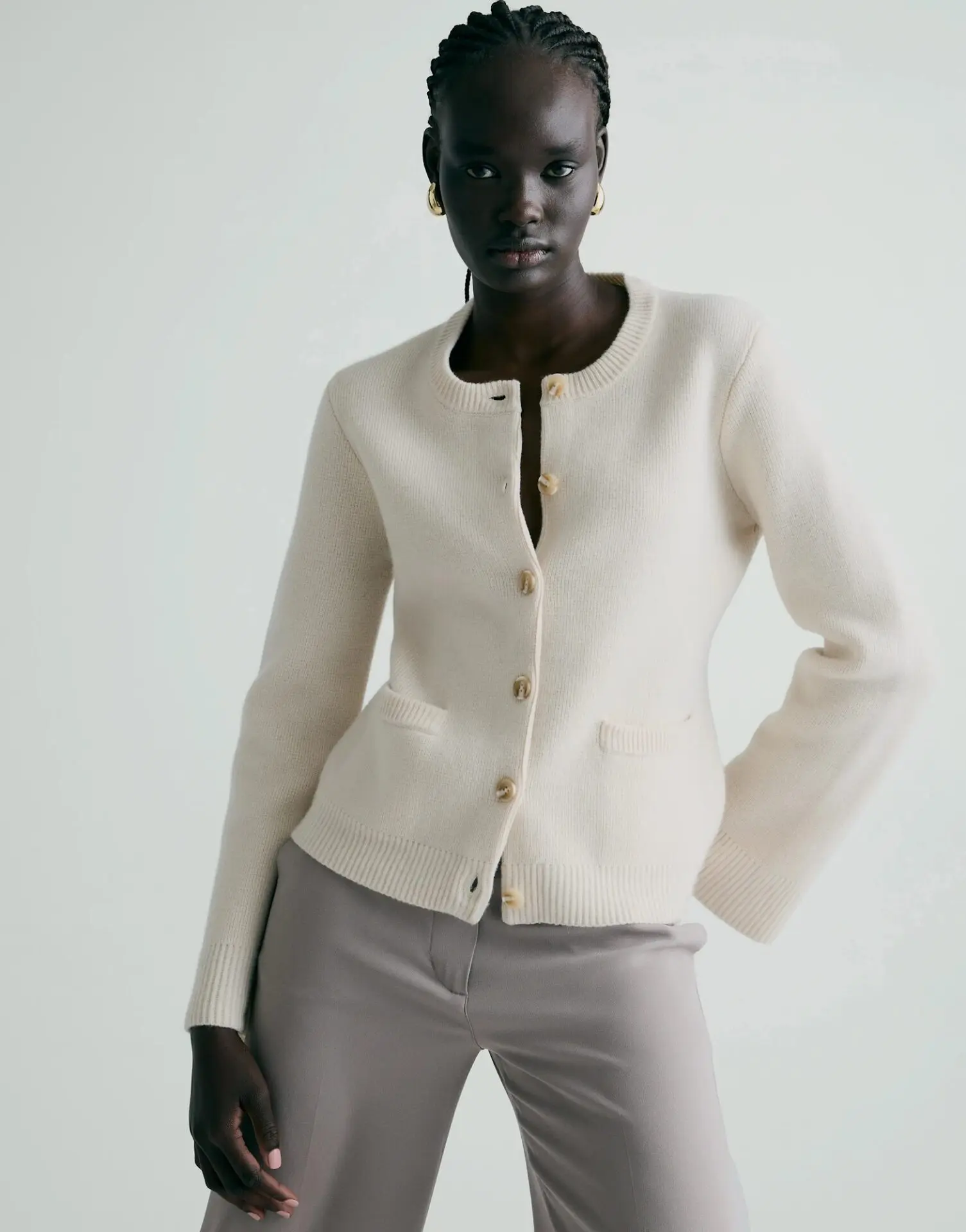 Mongolian Cashmere Structured Cardigan (Ivory)