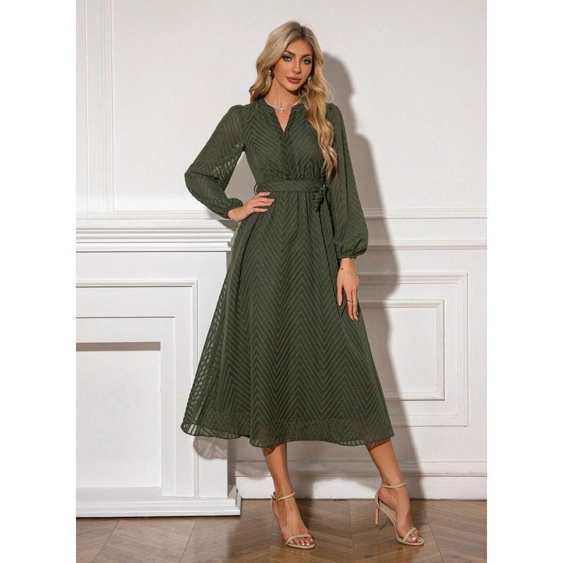 V Neck Long Sleeve A Line Chiffon Midi Dress (Gaea, Green)