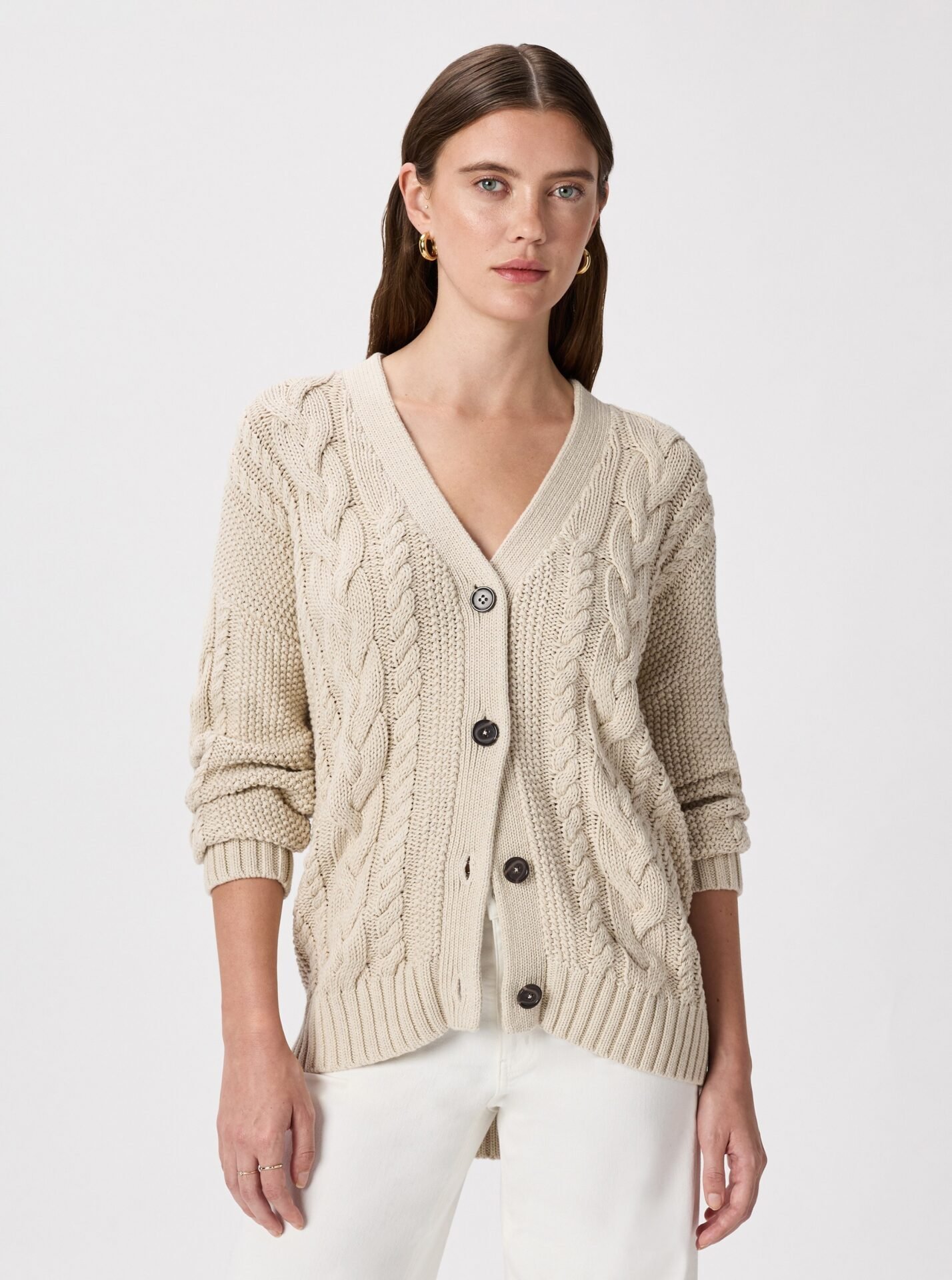 100% Organic Cotton Oversized Cable Cardigan (Speckled Beige)