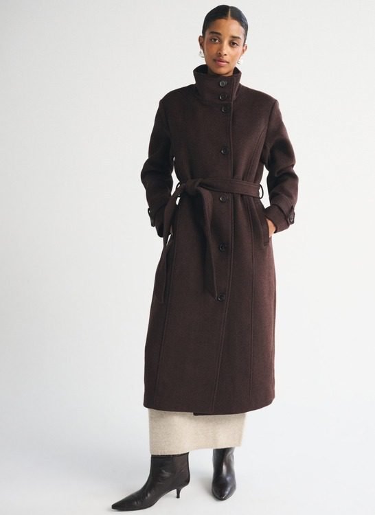 Funnel Neck Wool-Blend Long Coat