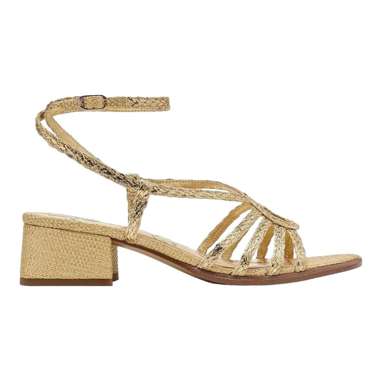 Fletcher Block Heel Sandal (Amber Gold Faux Raffia)