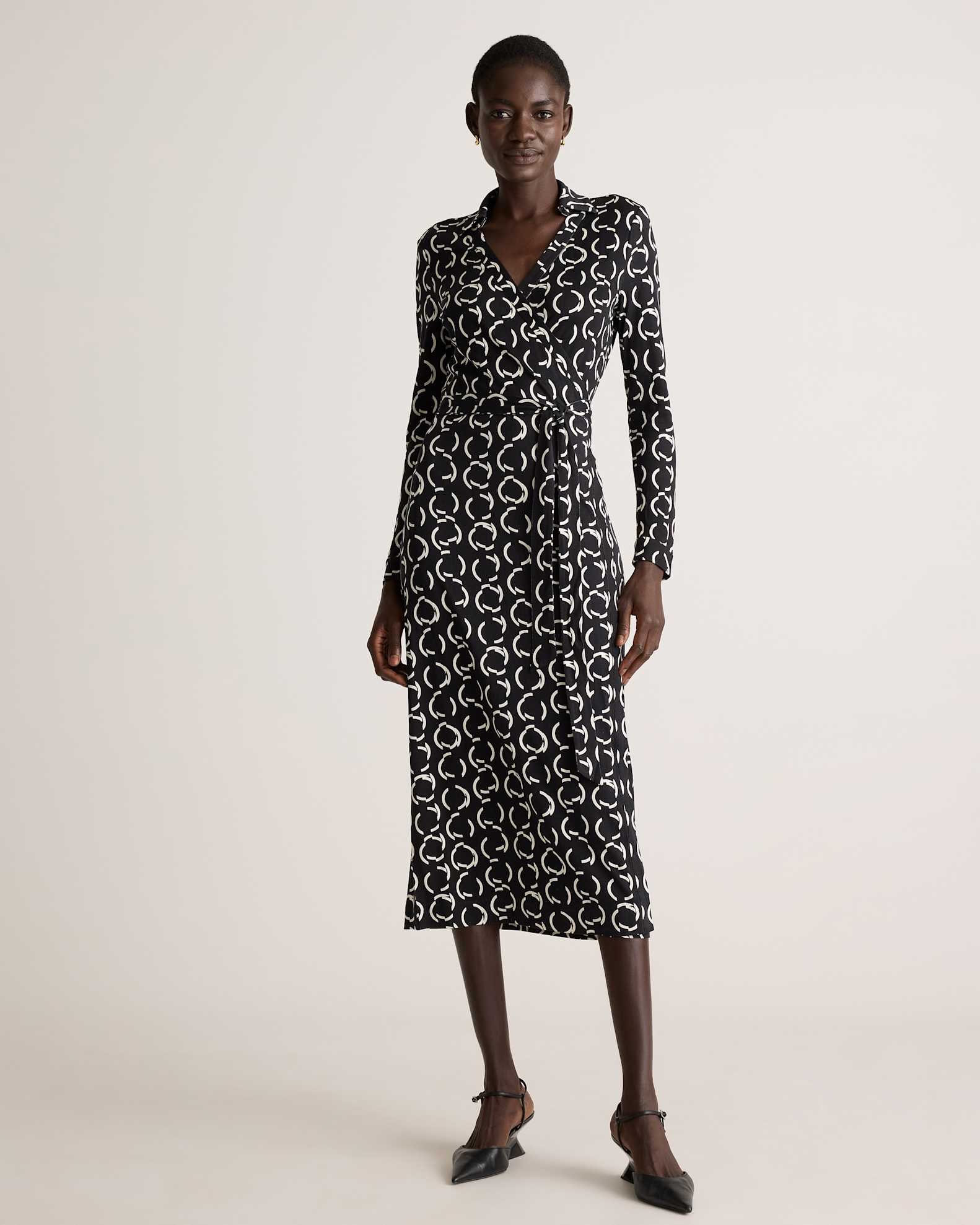 100% Silk Jersey Midi Wrap Dress (Circular Contrast)