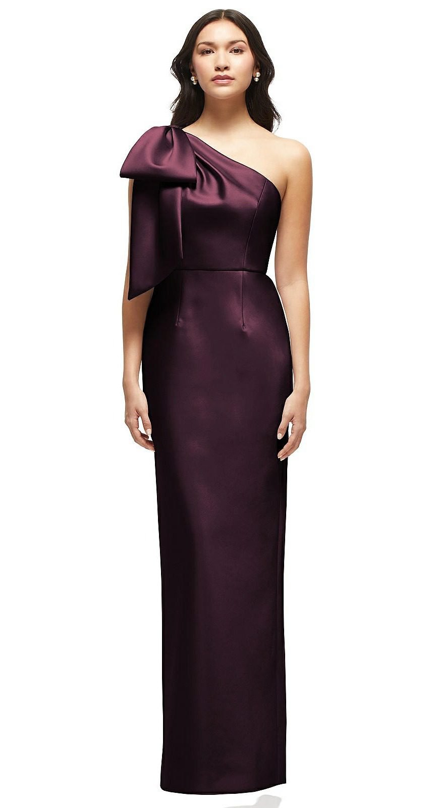 Oversized Bow One-Shoulder Satin Column Maxi Dress in Deep Plum