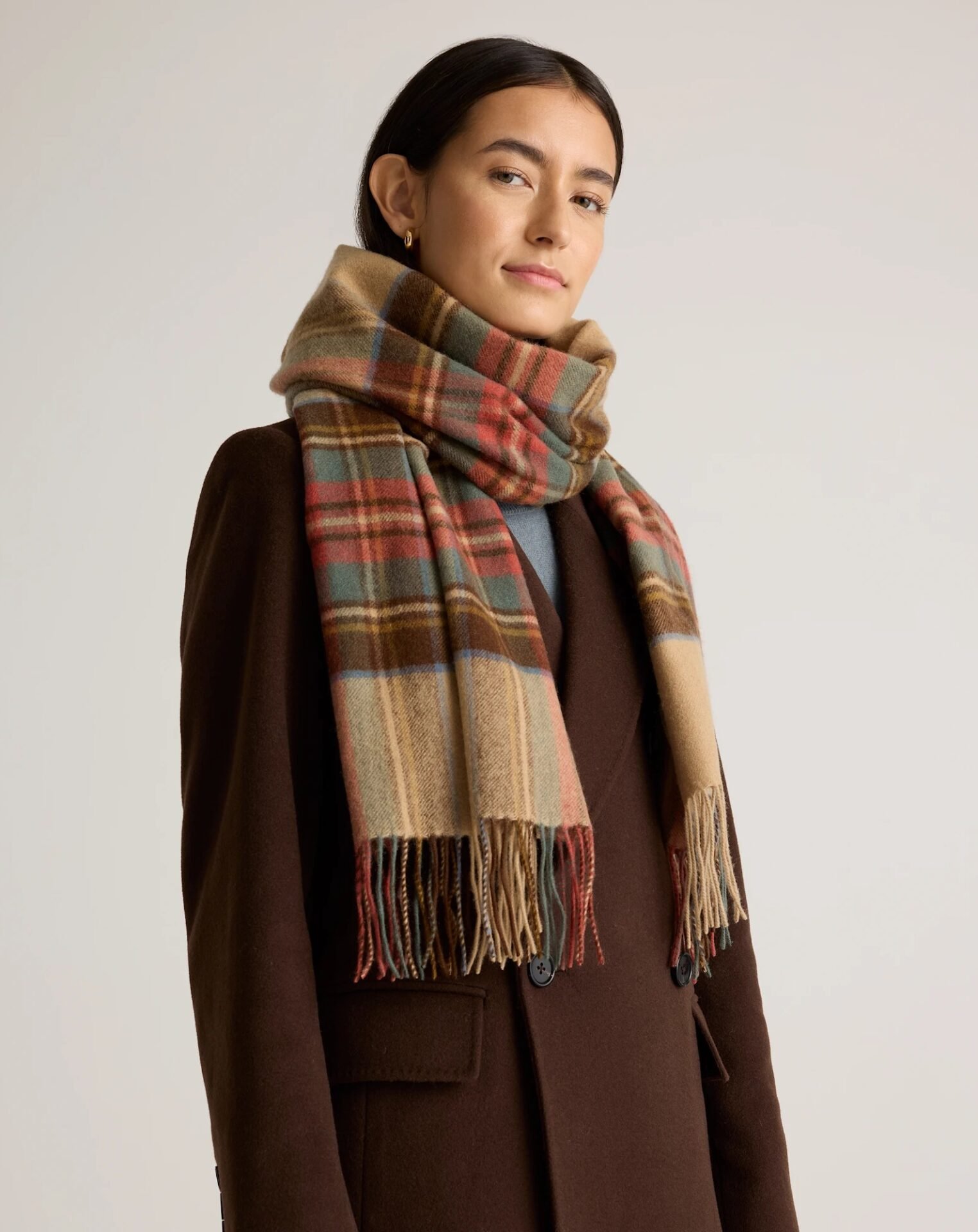 Mongolian Cashmere Tartan Scarf (Oatmeal/Red Tartan)