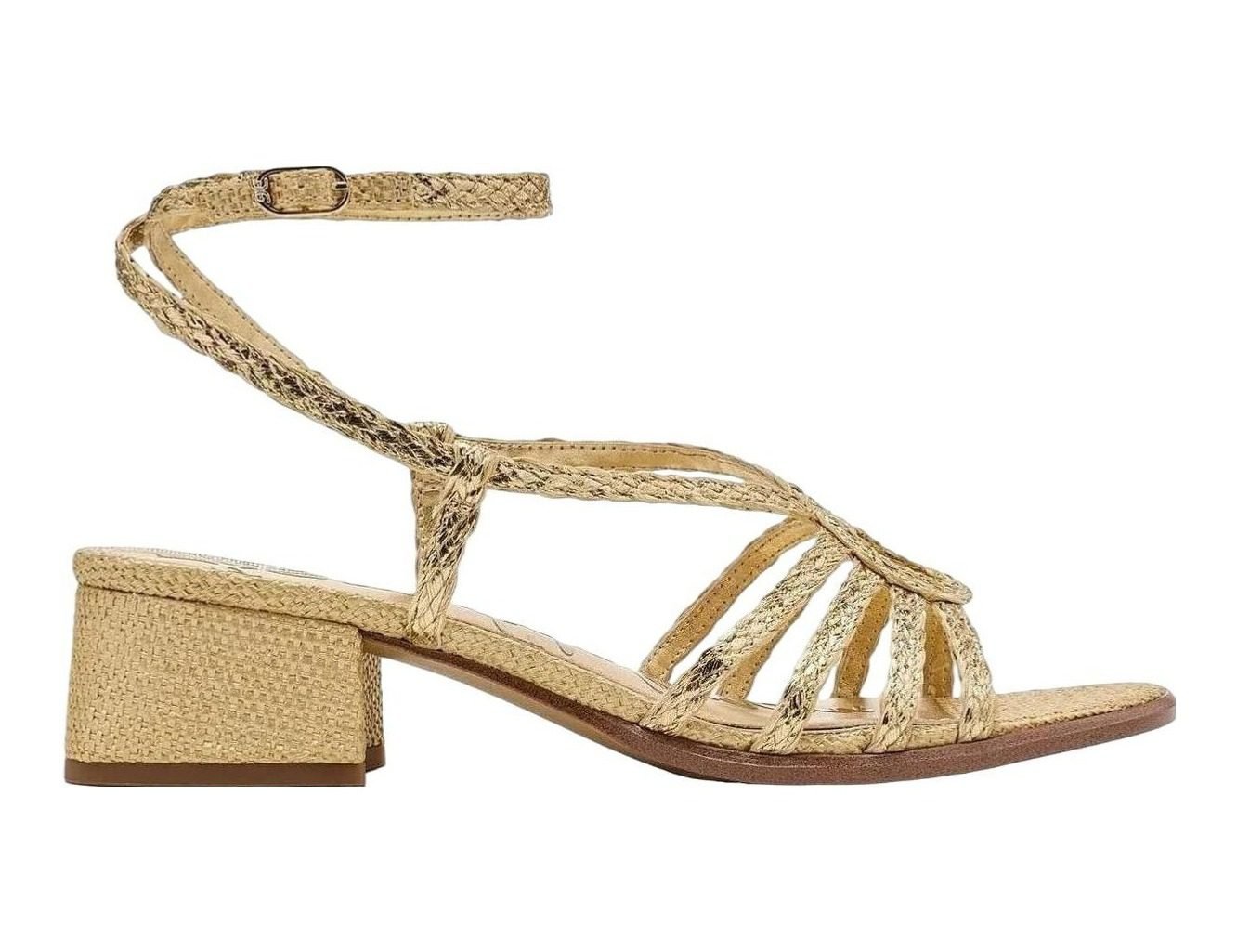 Fletcher Block Heel Sandal (Amber Gold Faux Raffia)