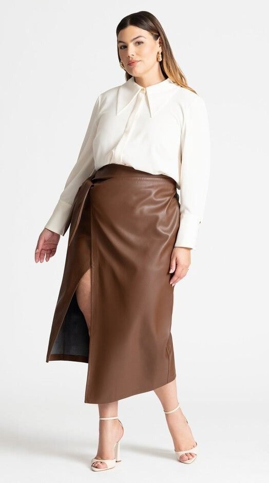 Wrap Front Faux Leather Midi Skirt (Chocolate Fondant)