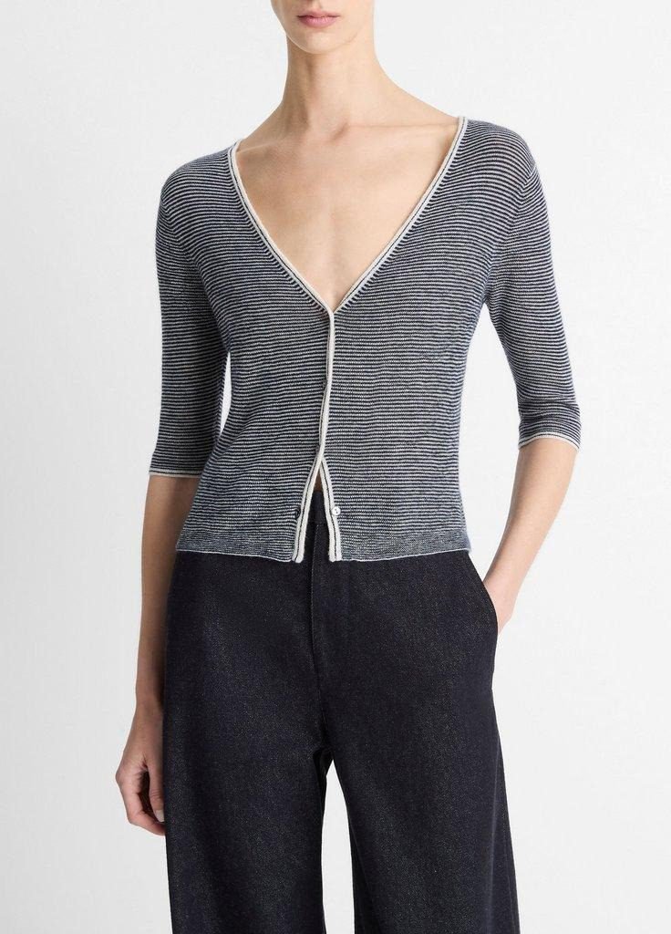 Micro Stripe Cashmere Silk Cardigan (Off White/Coastal Blue)