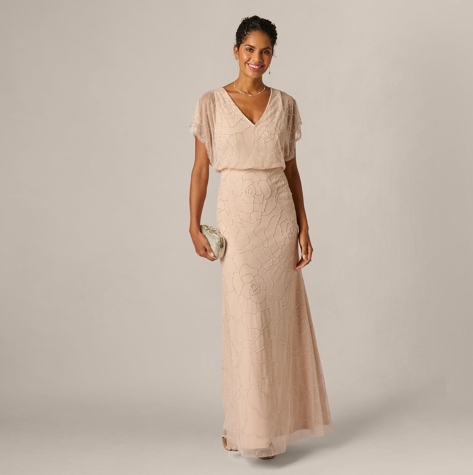 Short Sleeve Blouson Rose Floral Beaded Gown