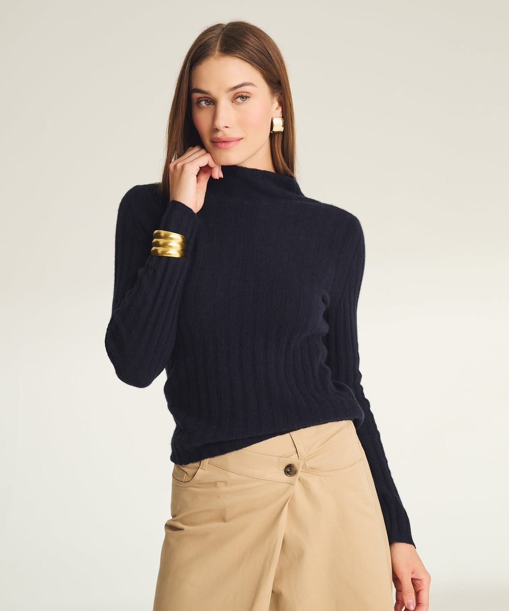Lightweight Cashmere Ribbed Mockneck Sweater (Navy)