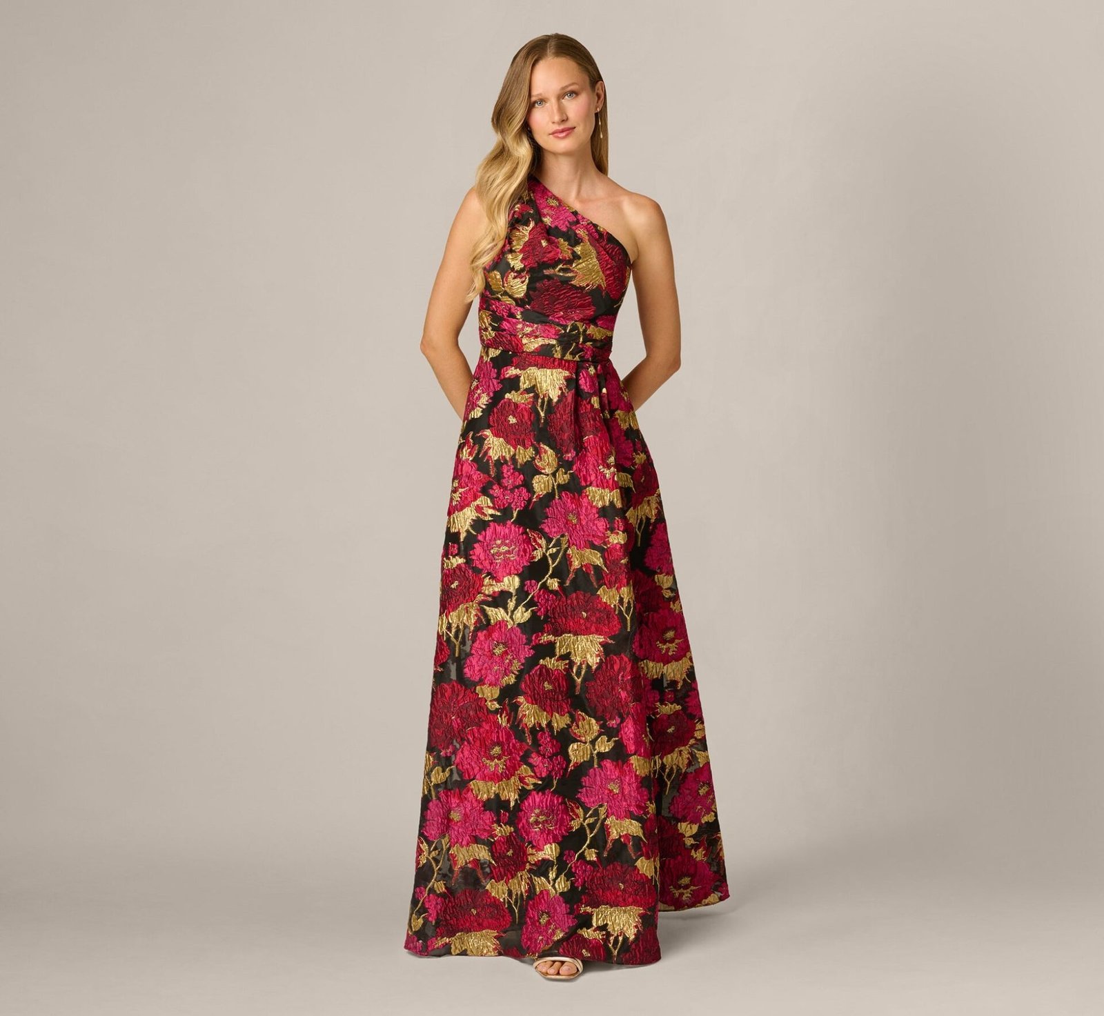 One Shoulder Metallic Floral Jacquard Gown in Black Pink Multi