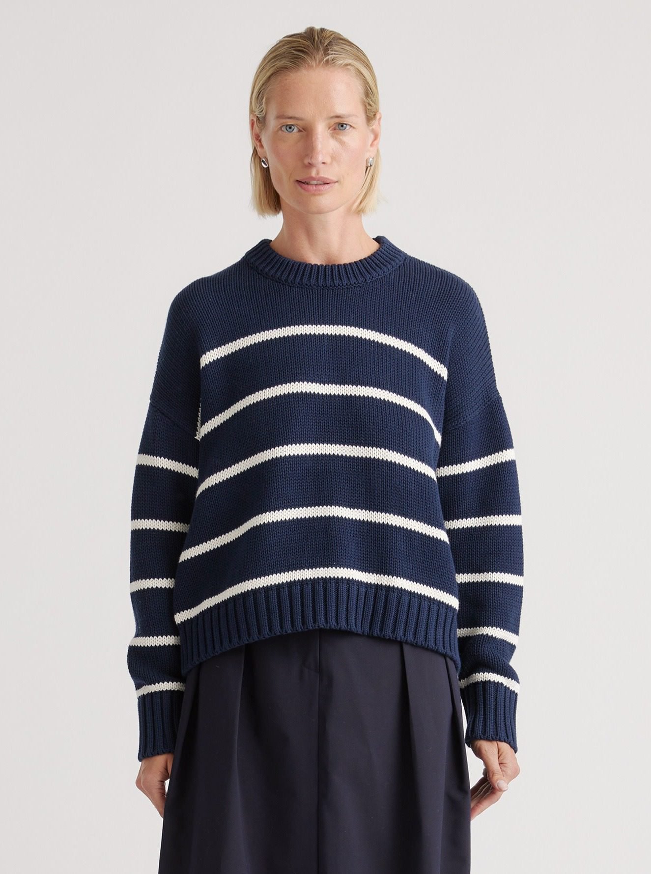 100% Organic Cotton Striped Crew Sweater (Navy/White)