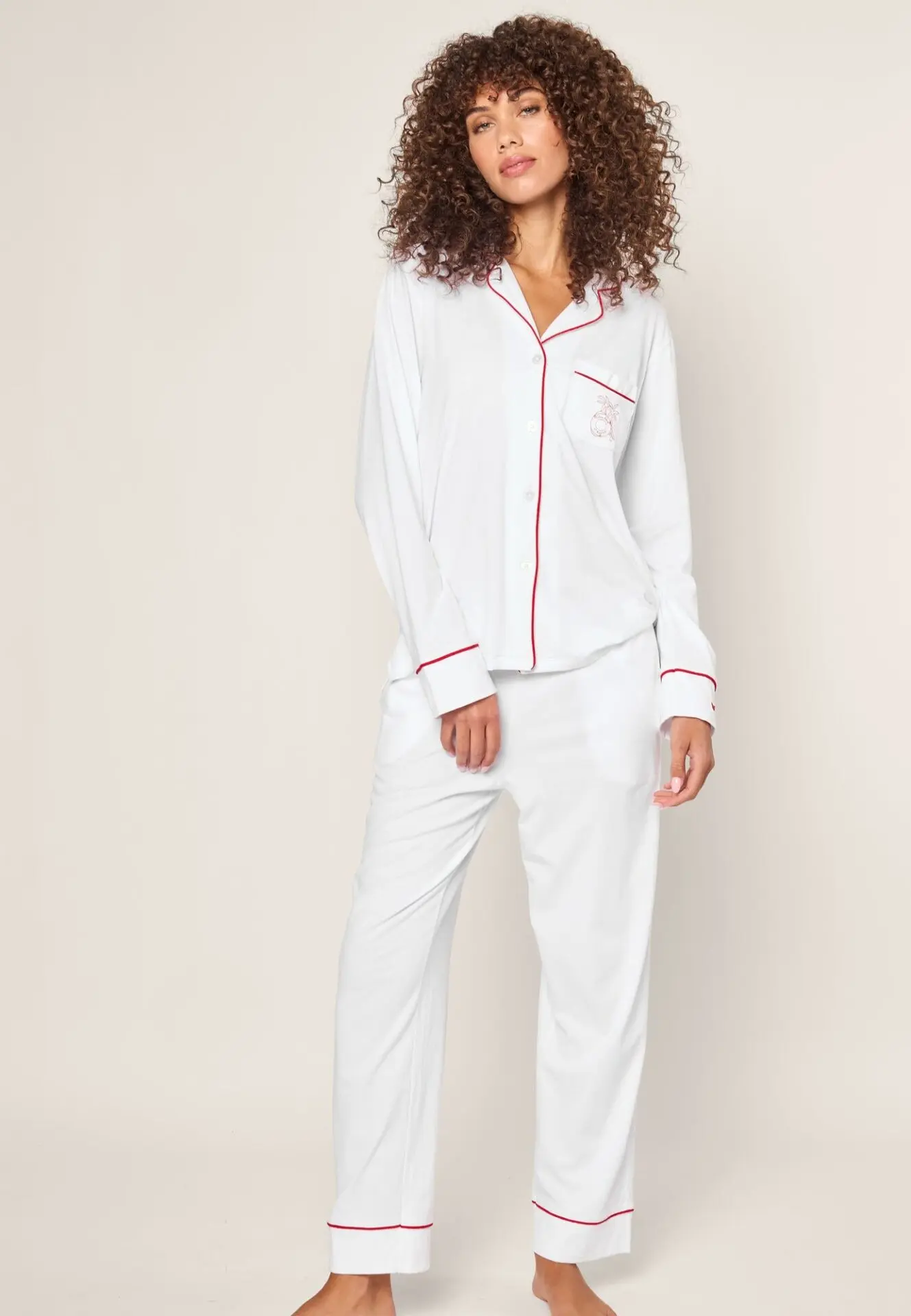 Petite Plume x Eden Rock Women's Pima Pajama Set in White with Red Piping