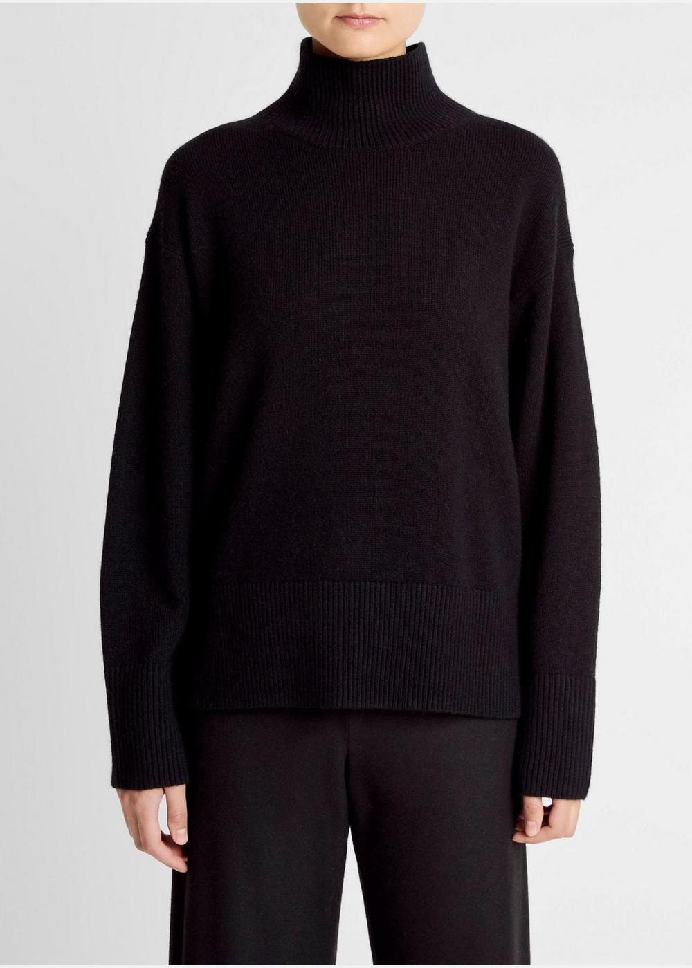 Wool-Cashmere Side-Slit Turtleneck Sweater (Black)