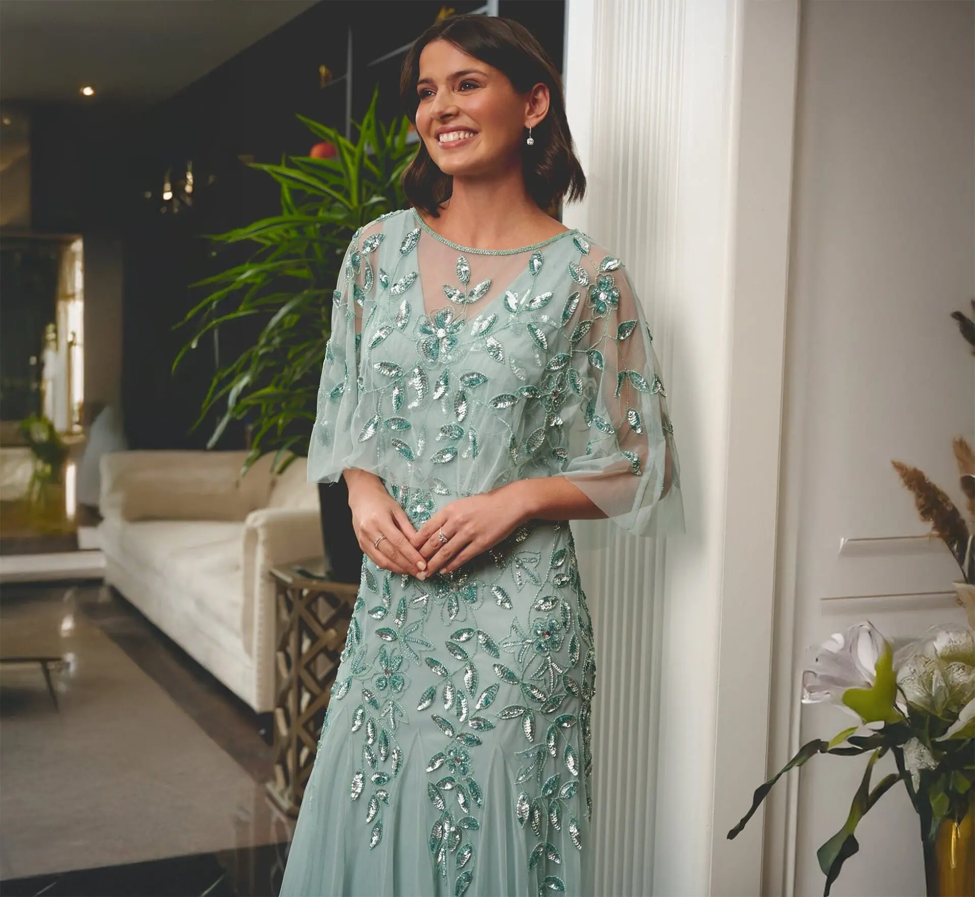 Floral Beaded Godet Cape Gown in Aqua Dust