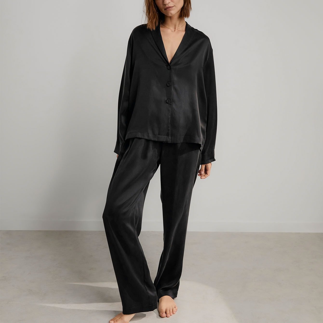 Washable Silk Long Sleeve Pant Set (Immersed Black)