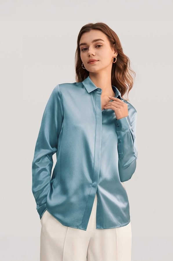 Basic Concealed Placket Silk Shirt (Blue Haze)