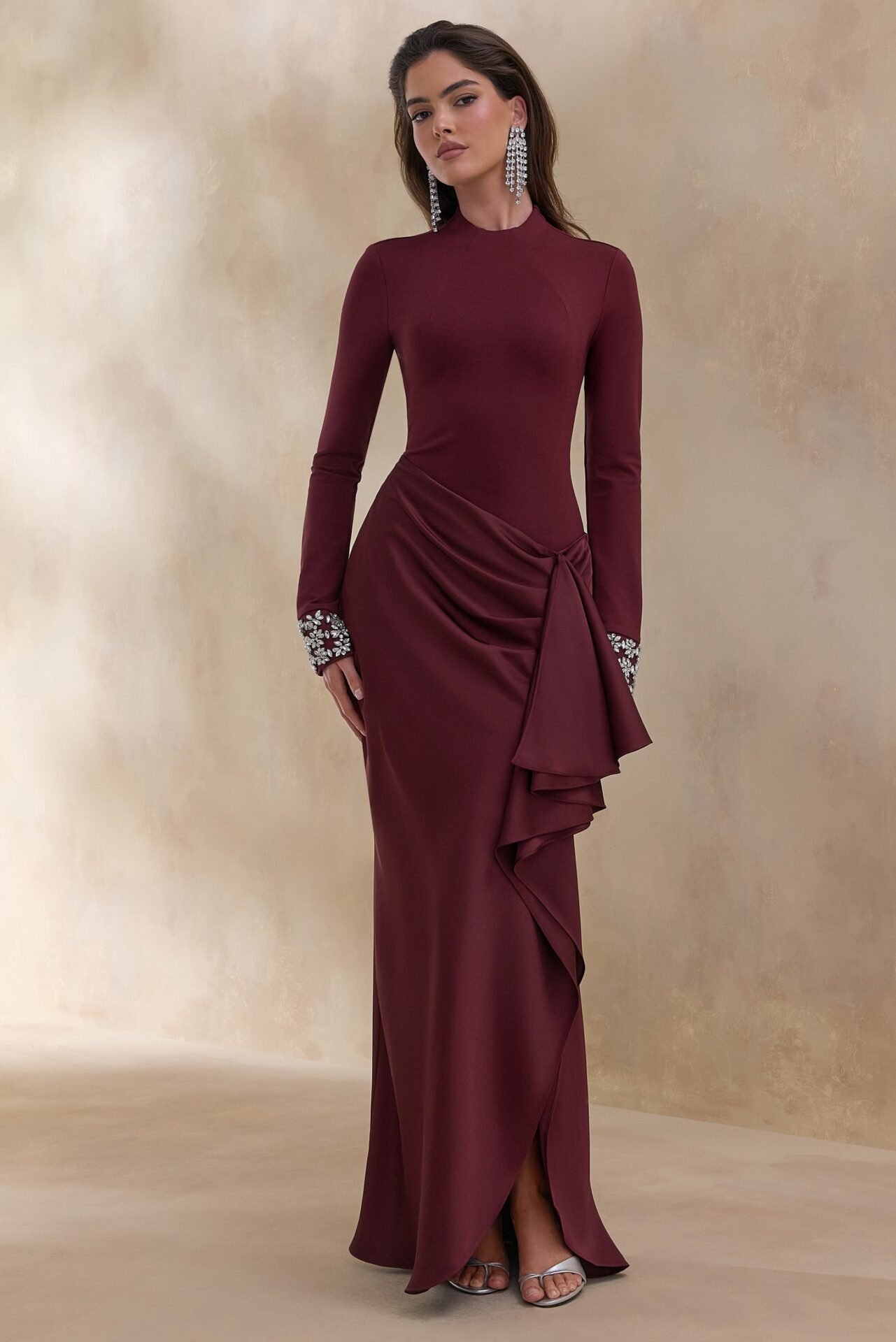 High-Neck Maxi Dress with Satin Wrap-Skirt and Embellished Cuffs (Starred, Burgundy)