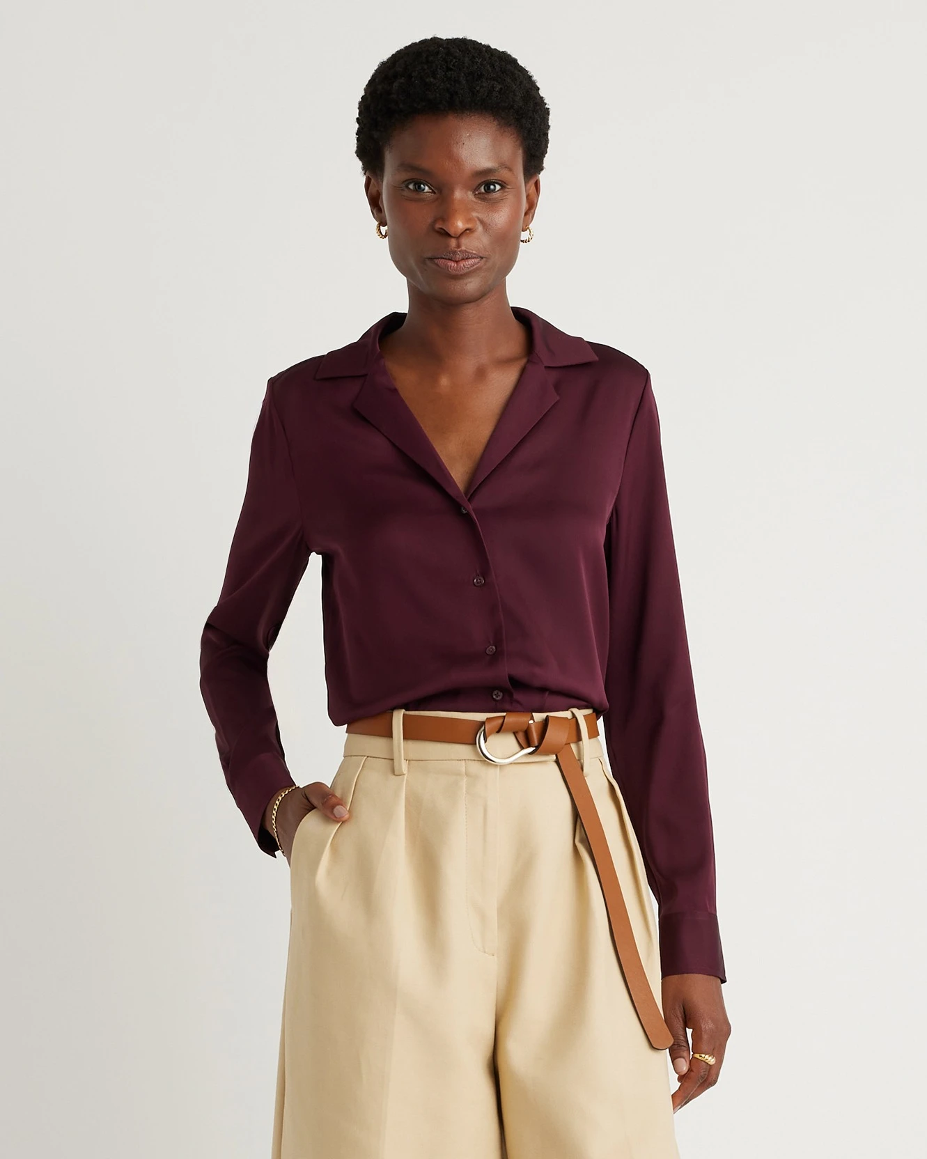 Washable Stretch Silk Notch Collar Blouse (Wine Tasting Red)