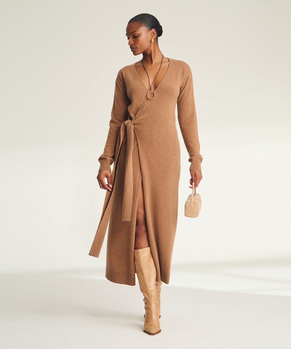 Signature Cashmere Wrap Dress (Dark Camel)