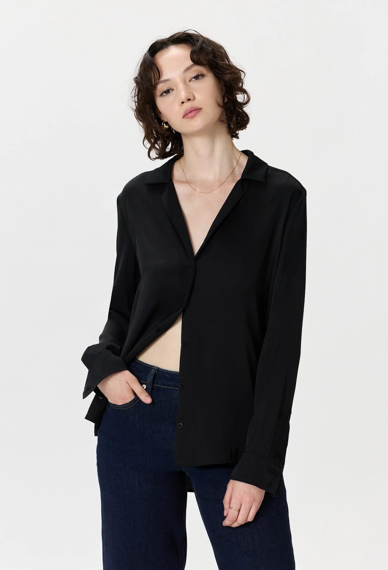 Washable Stretch Silk Notch Collar Blouse (Black)