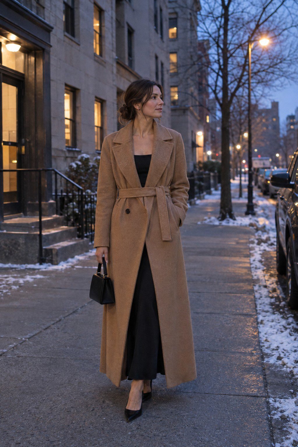 winter evening black off-the-shoulder column dress outfit under a camel wrap coat