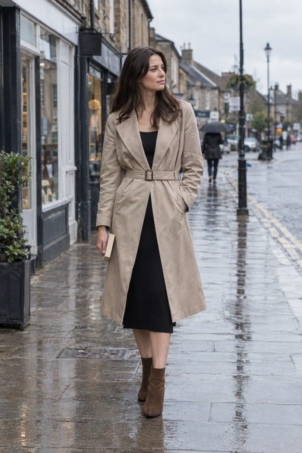 black midi dress under a belted camel trench coat and ankle boots