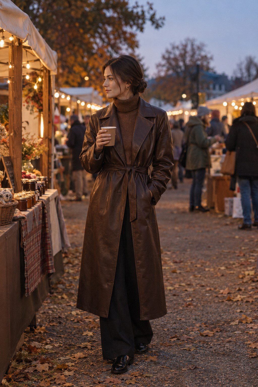 fall festival date night outfit: brown faux-leather trench coat, cashmere turtleneck sweater, and black wide-leg trousers