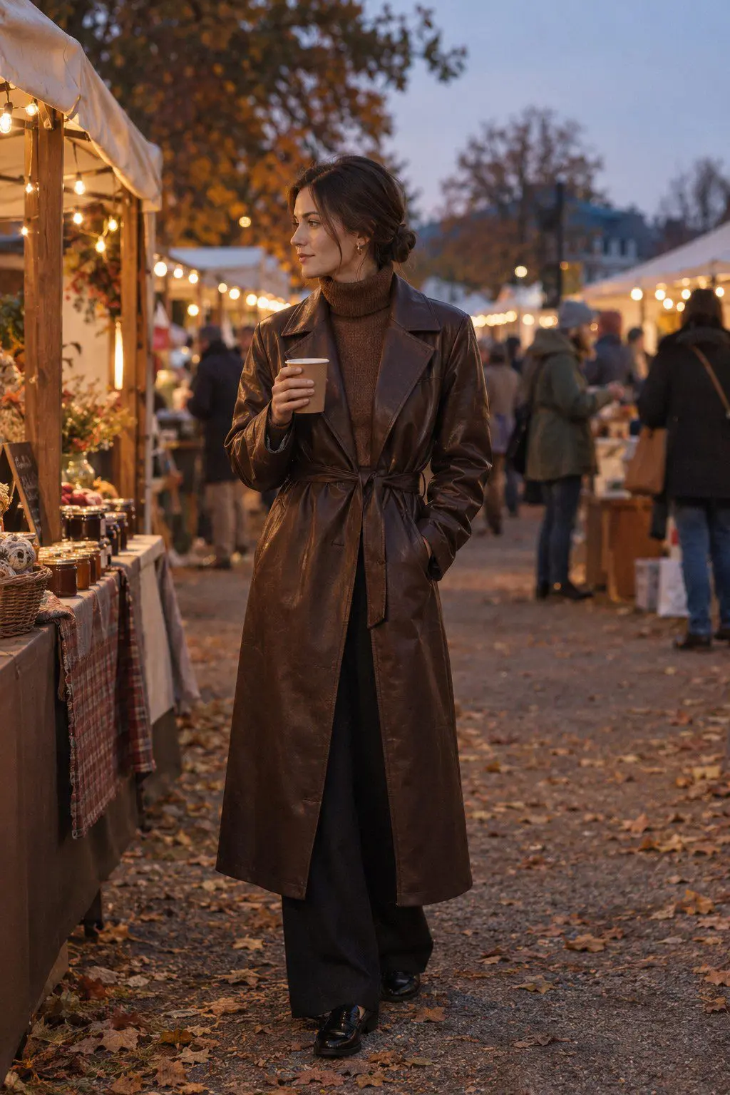 fall festival date night outfit: brown faux-leather trench coat, cashmere turtleneck sweater, and black wide-leg trousers