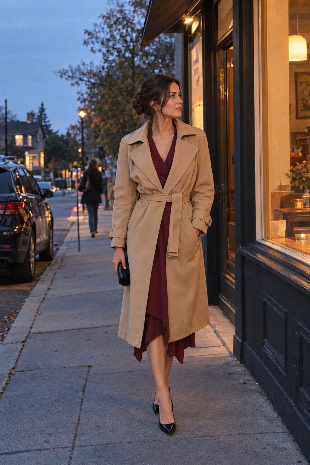 old money valentines day outfit: burgundy wrap dress with a camel trench coat