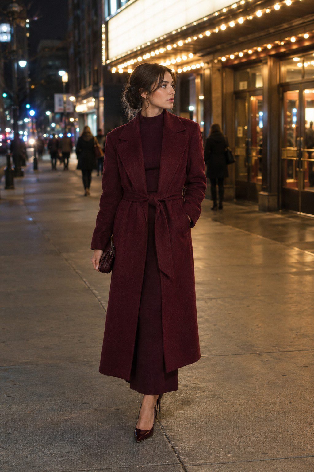 old money valentines day outfit for women: merlot wrap coat over a burgundy high-neck maxi dress