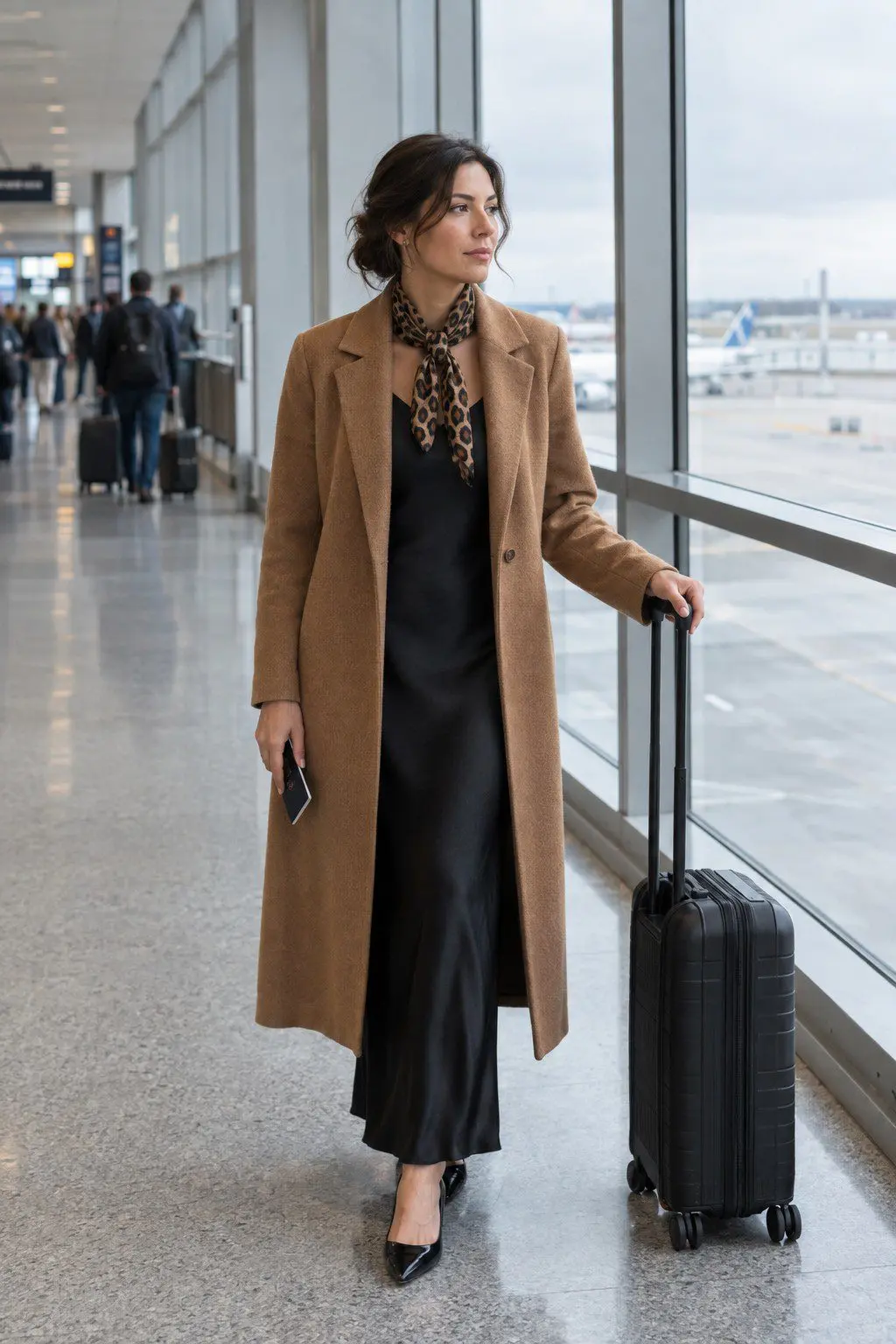 carolyn bessette style travel outfit: black silk slip dress under a camel wool topcoat with a printed silk scarf tied at the neck