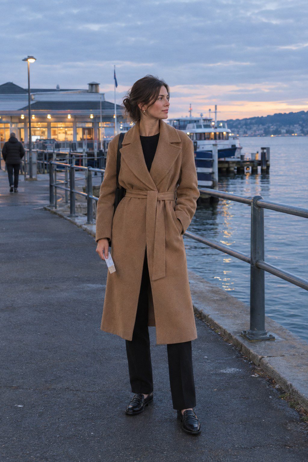 a woman in a belted camel wool wrap coat walking along a harbor promenade at dusk near a ferry terminal