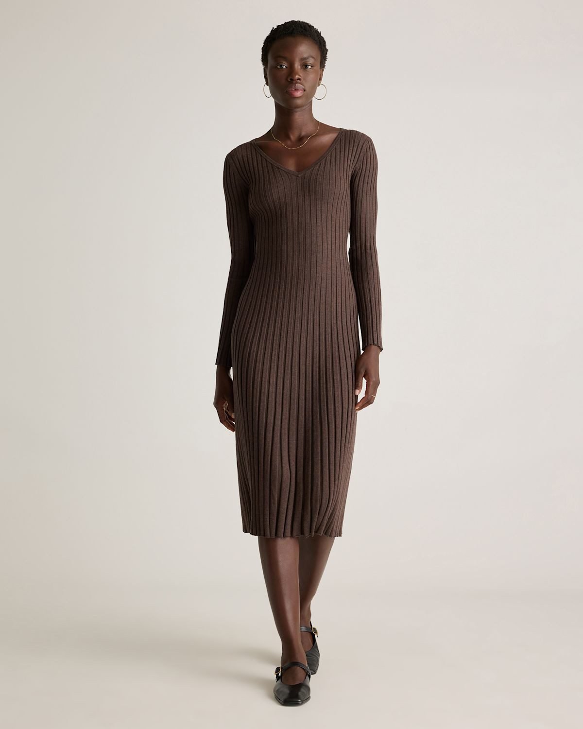 Cotton Cashmere Ribbed Long Sleeve V-Neck Midi Dress (Mocha Heather)