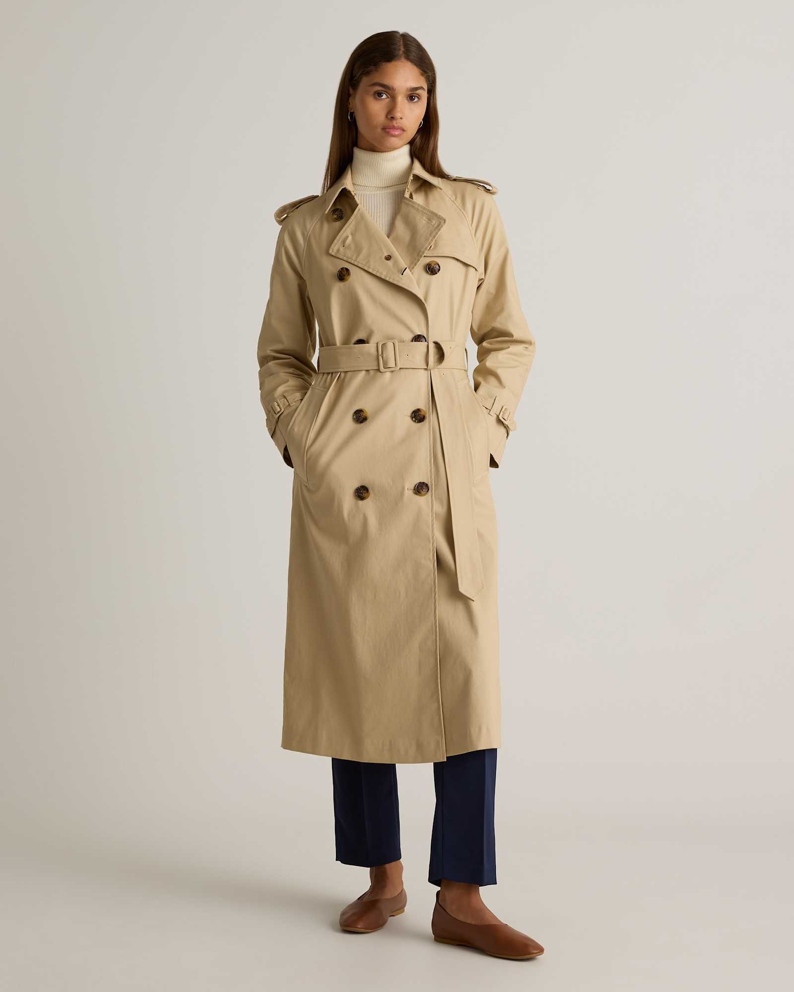 Comfort Stretch Long Trench Coat (Light Khaki)