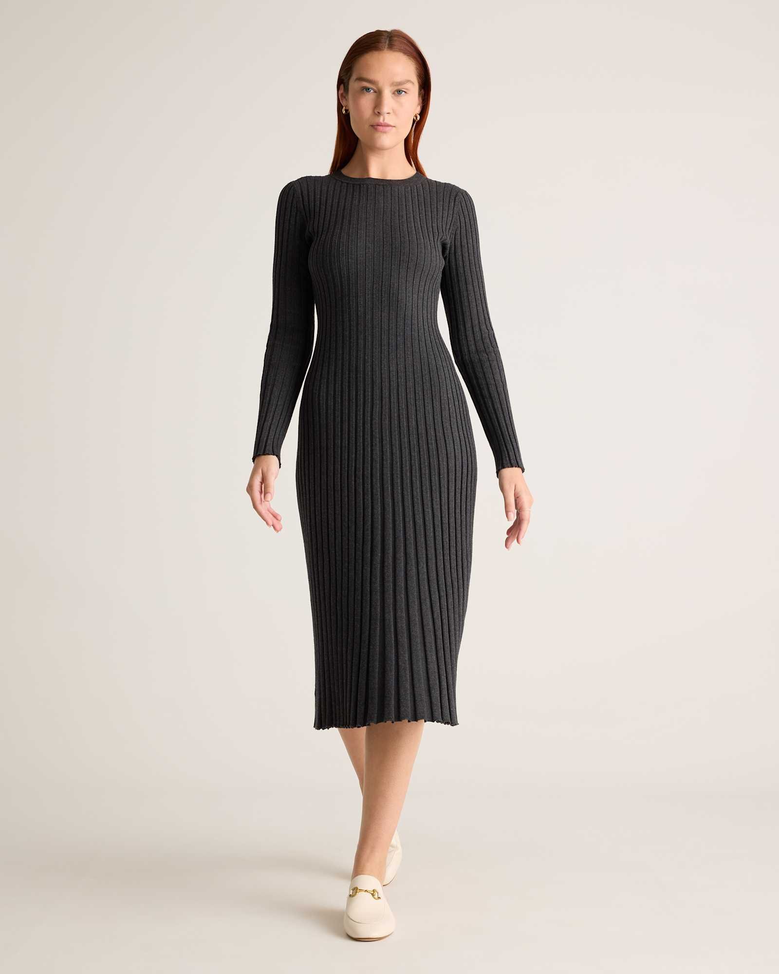 Cotton Cashmere Ribbed Long Sleeve Crew Midi Dress (Heather Charcoal)
