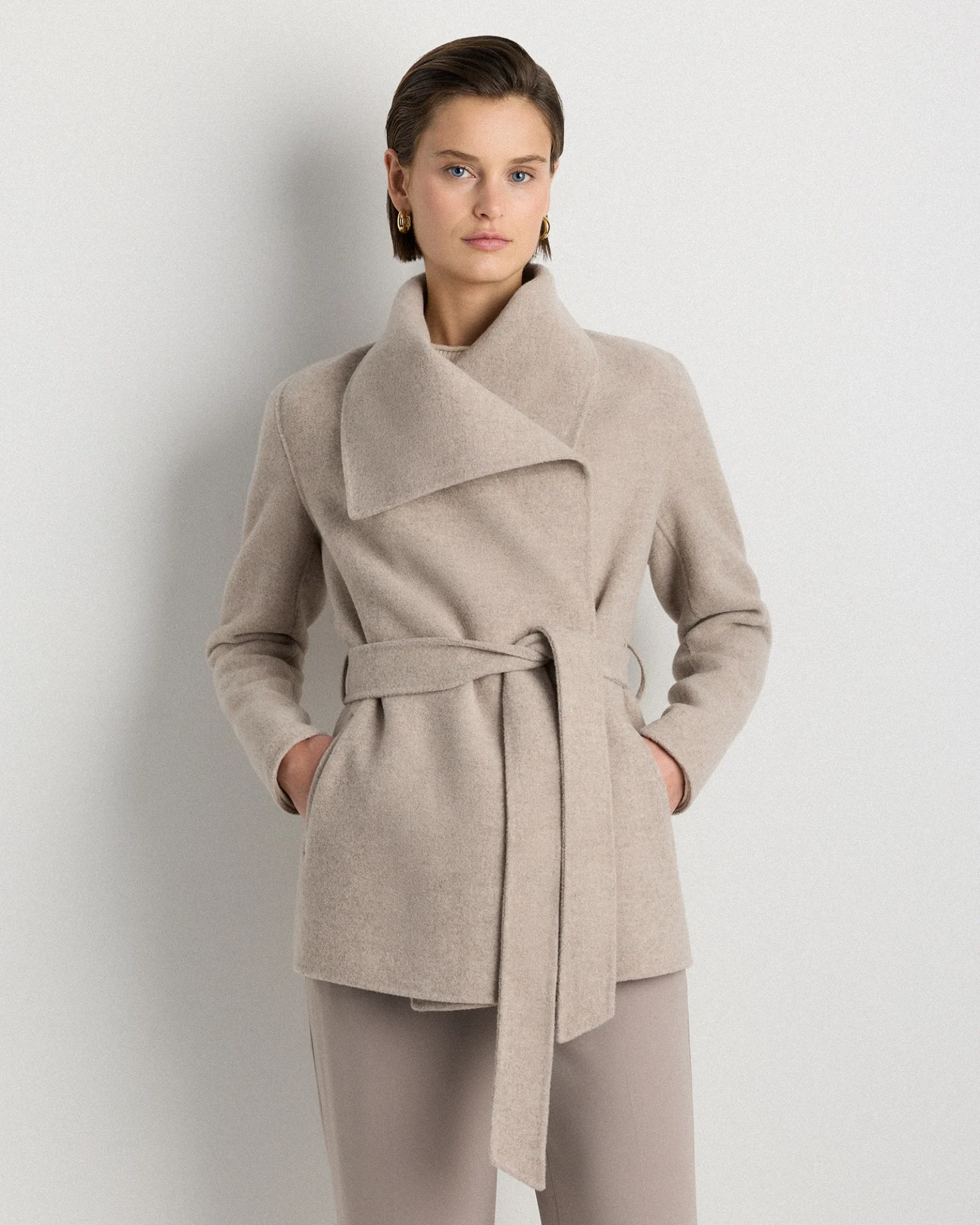 Double-Faced Merino Wool Draped Collar Short Wrap Coat (Oat)