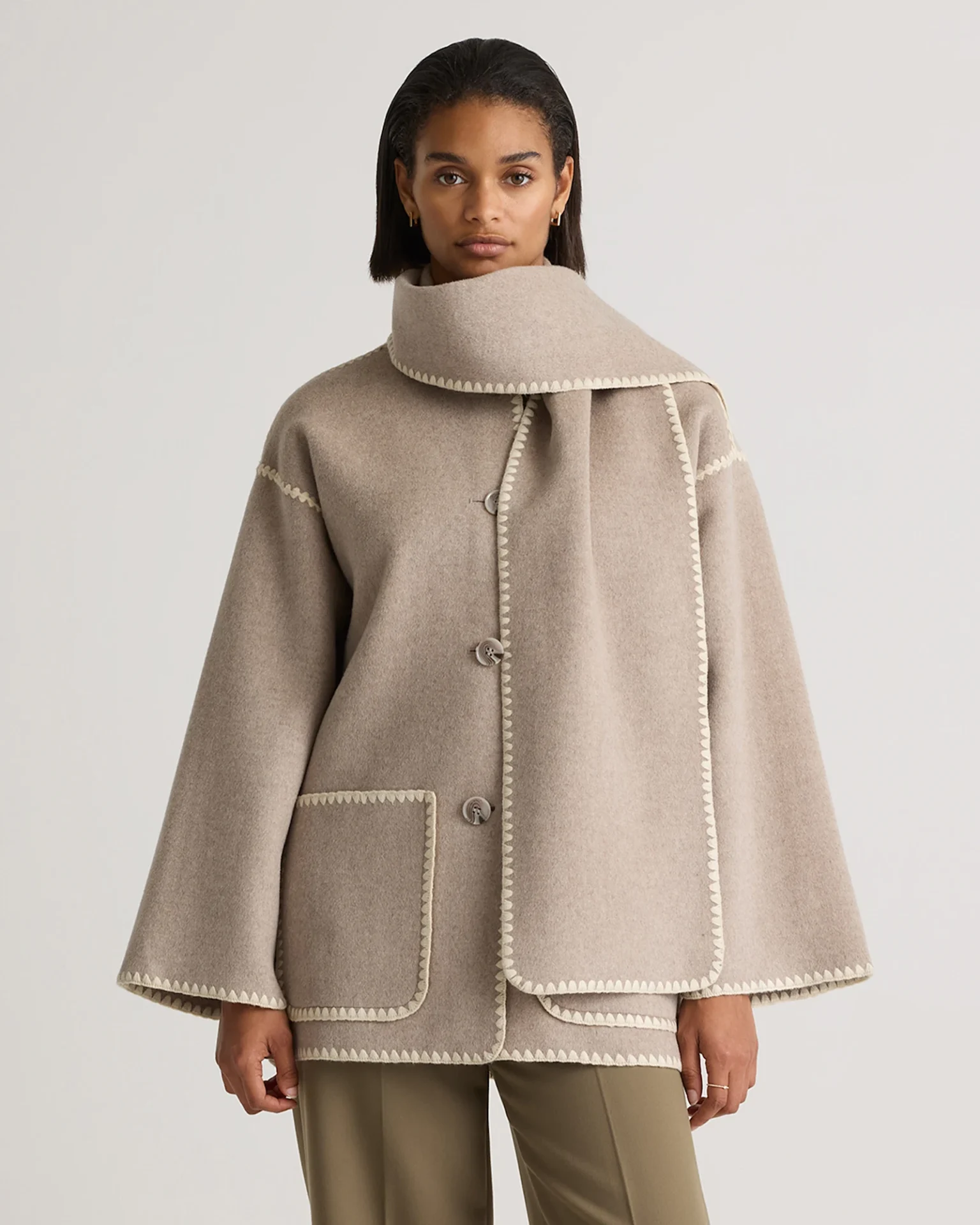 Double-Faced Merino Wool Scarf Coat in Oat