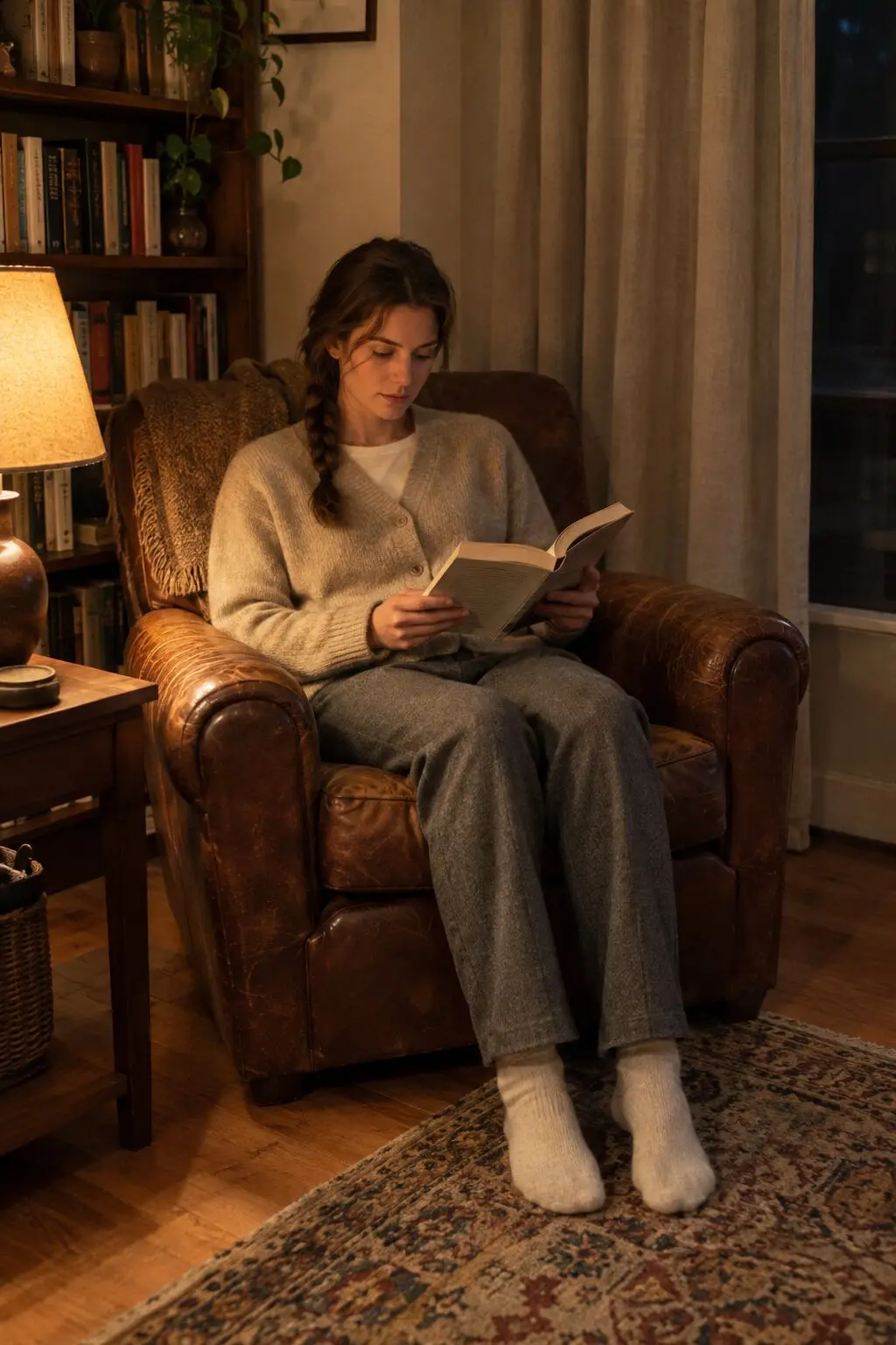 A woman reading in an armchair beside a warm table lamp in a softly lit living room