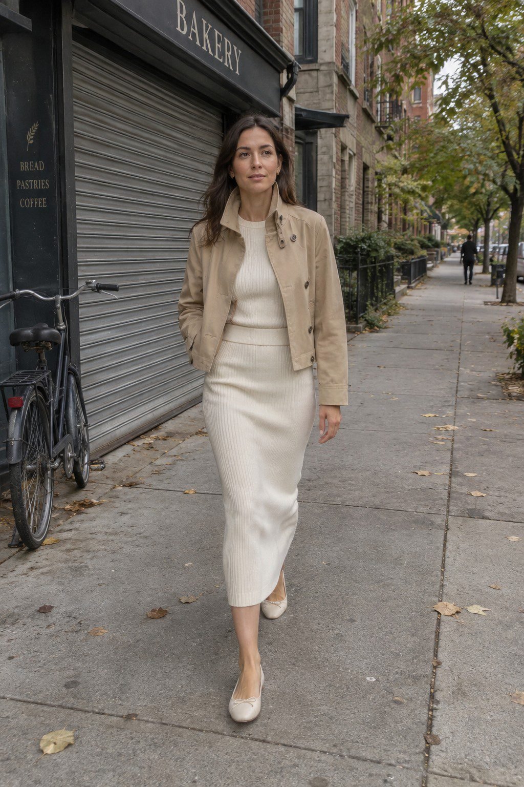 affordable Halloween outfit that looks expensive: ivory knit top and skirt set layered under an open camel trench