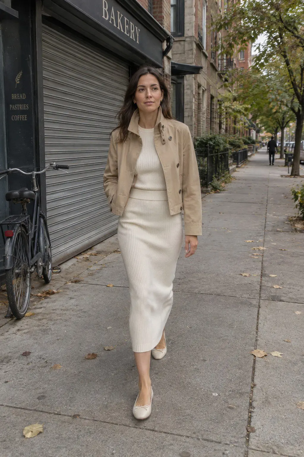 affordable Halloween outfit that looks expensive: ivory knit top and skirt set layered under an open camel trench