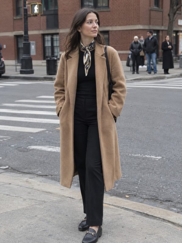 Old money outfit: camel coat + black trousers + silk scarf