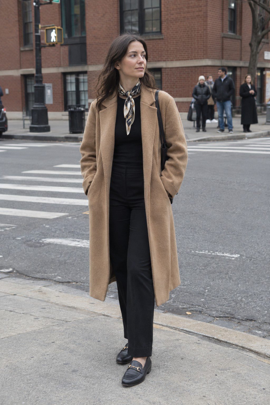 affordable Halloween outfit that looks expensive: oversized camel coat, black trousers, and a printed silk scarf