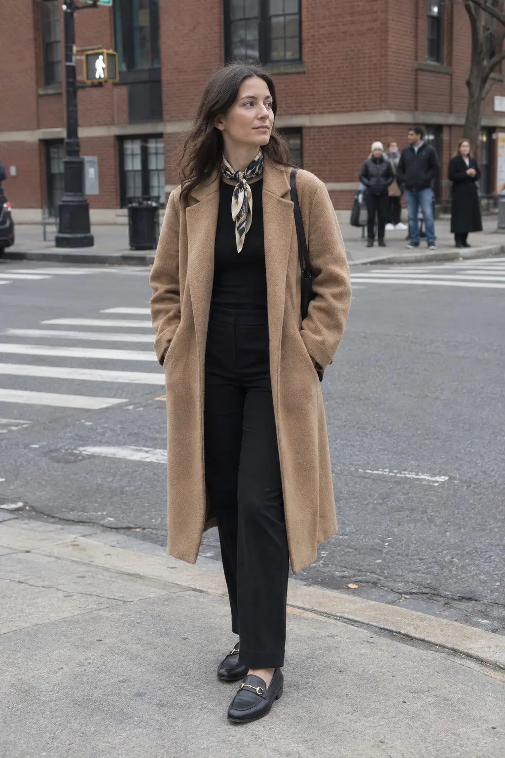 affordable Halloween outfit that looks expensive: oversized camel coat, black trousers, and a printed silk scarf