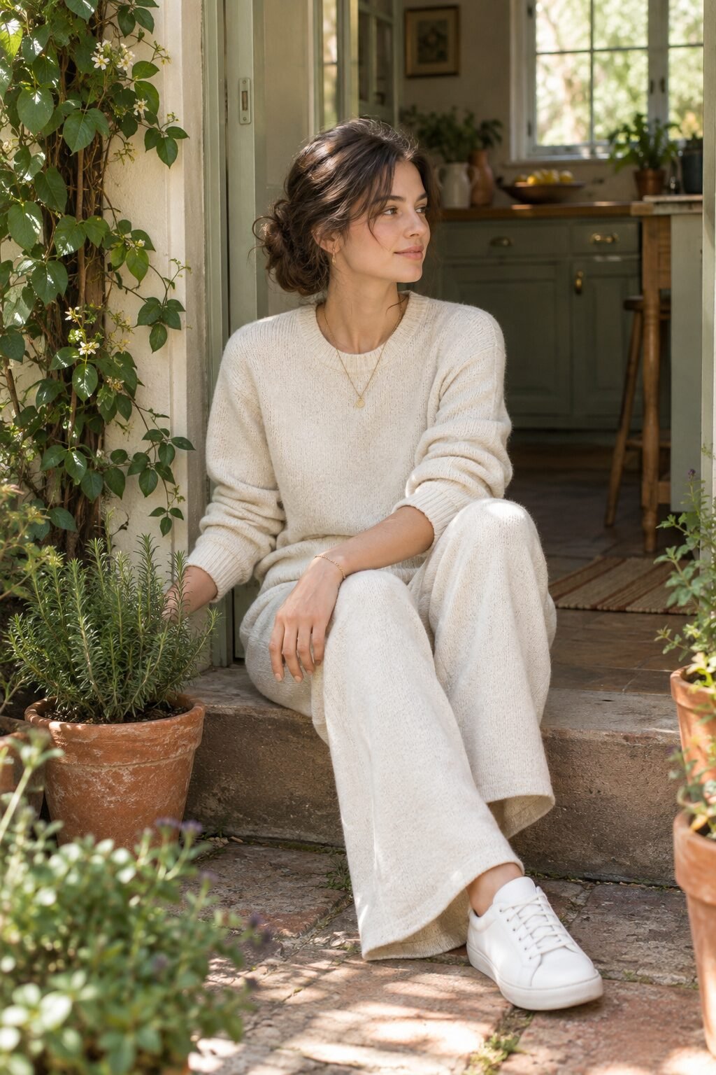 how to style white sneakers with a matching cream knit sweater set