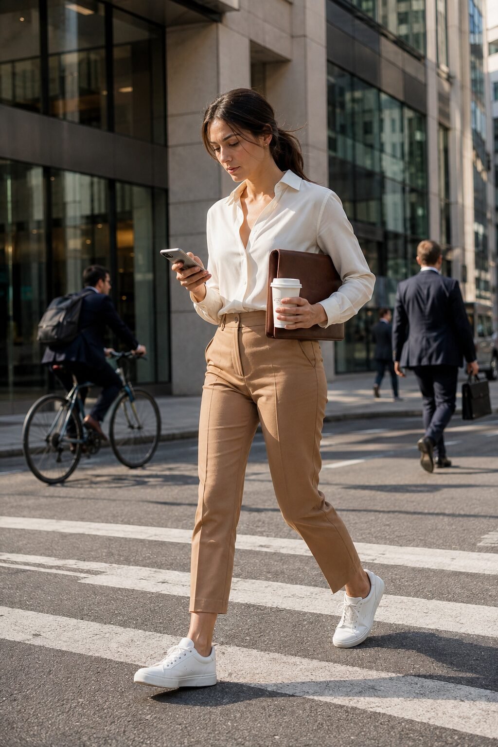 how to style white sneakers with tailored camel trousers for the office