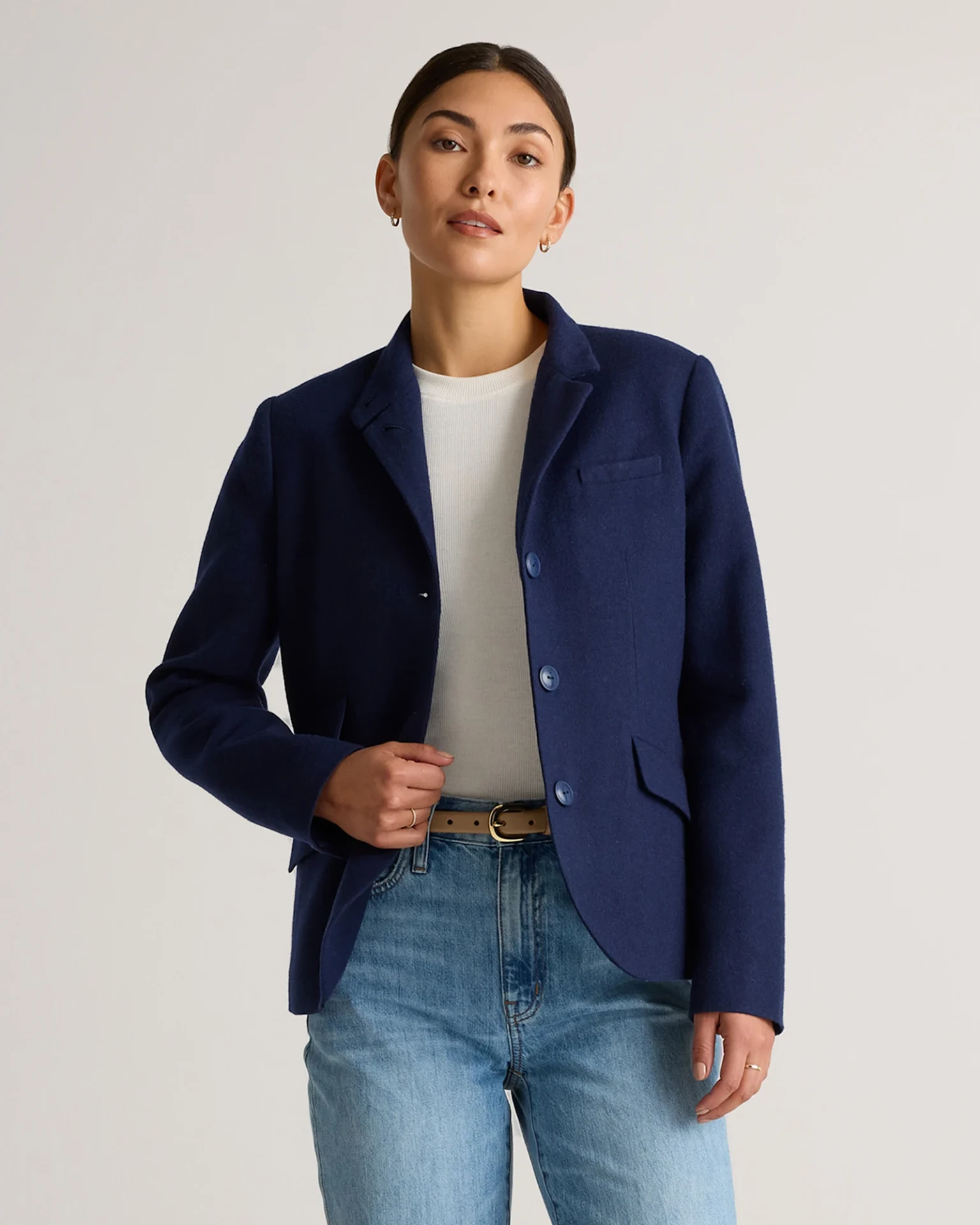 Italian Wool Stand Collar Blazer (Navy Blue)