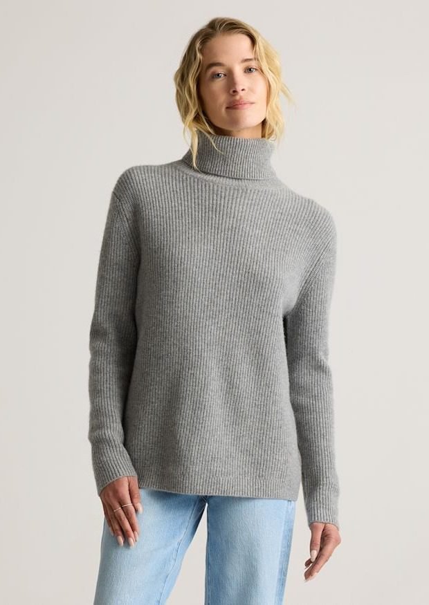 Mongolian Cashmere Fisherman Turtleneck Sweater in Heather Grey