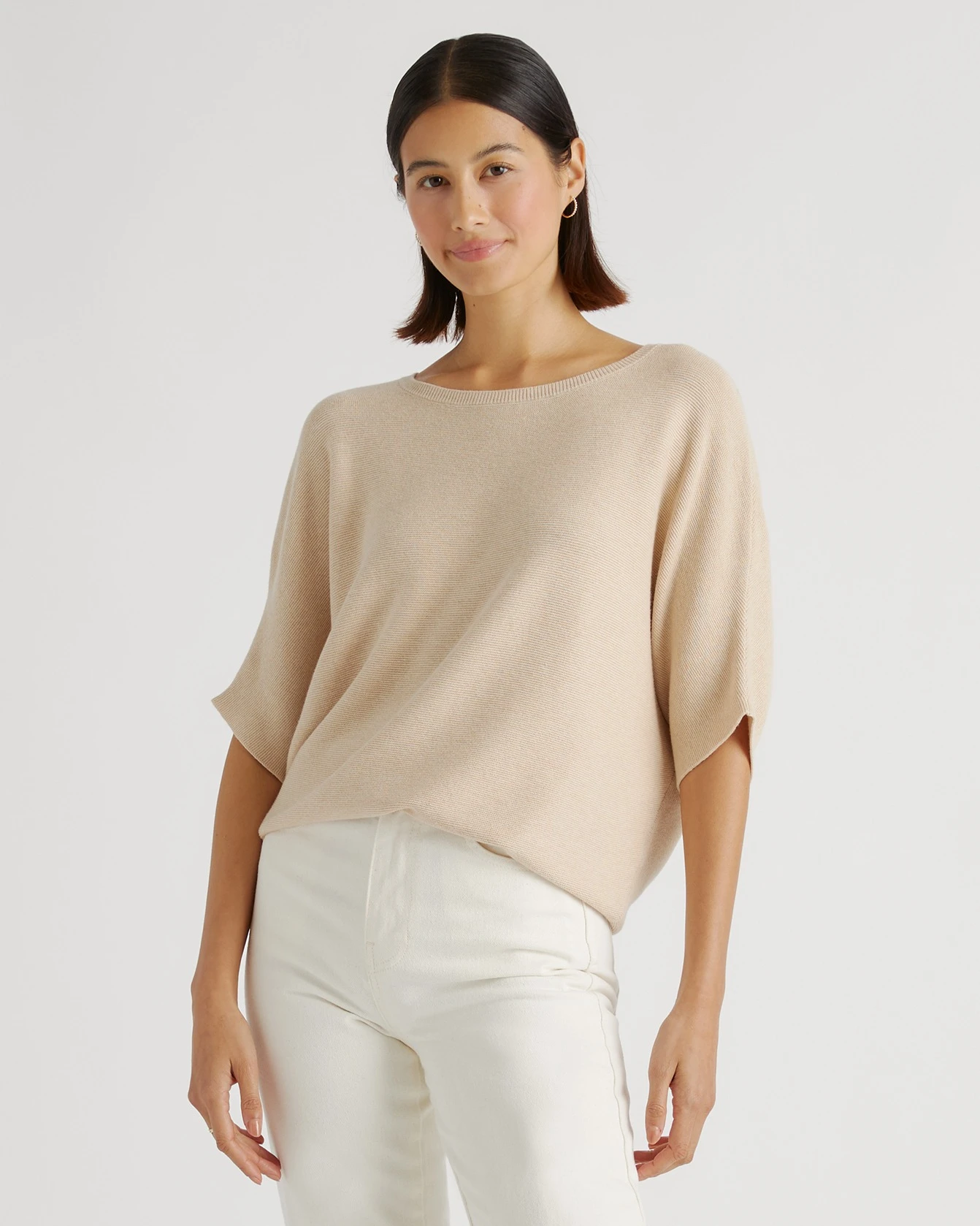 Lightweight Cotton Cashmere Link-Stitch Dolman Sweater (Heather Oatmeal)