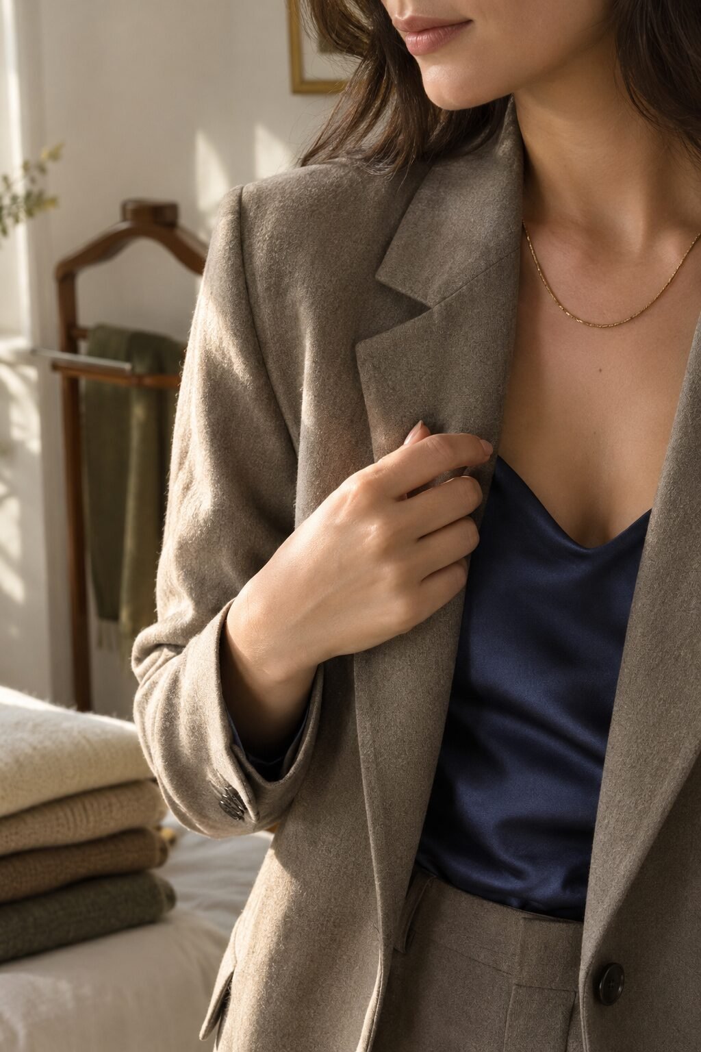 quiet luxury neutral color palette: taupe blazer, navy silk camisole