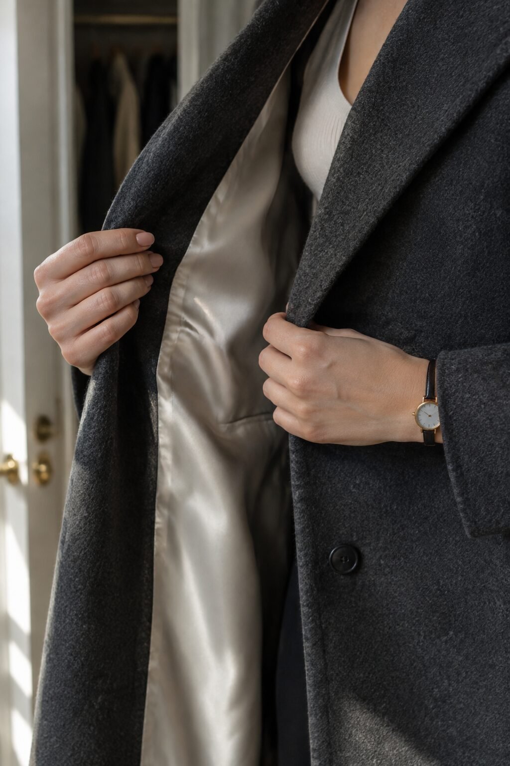 close-up of a wool coat's satin lining showing fabric quality
